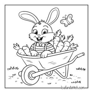Cute bunny in wheelbarrow Coloring Page for Kids and Adults Free Printable PDF