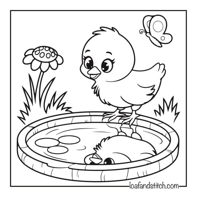 Free Easy Chick In Pond Coloring Page Printable PDF for Kids and Adults