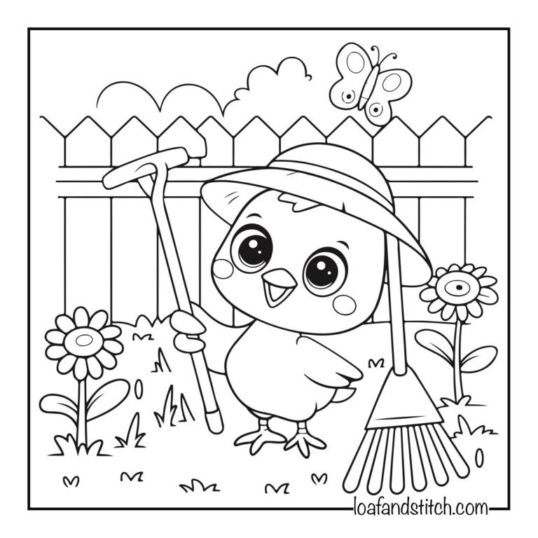 Cute chick with rake Coloring Page for Kids and Adults Free Printable PDF
