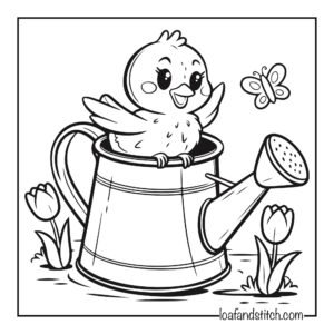 Free Easy Chick Watering Can Coloring Page Printable PDF for Kids and Adults