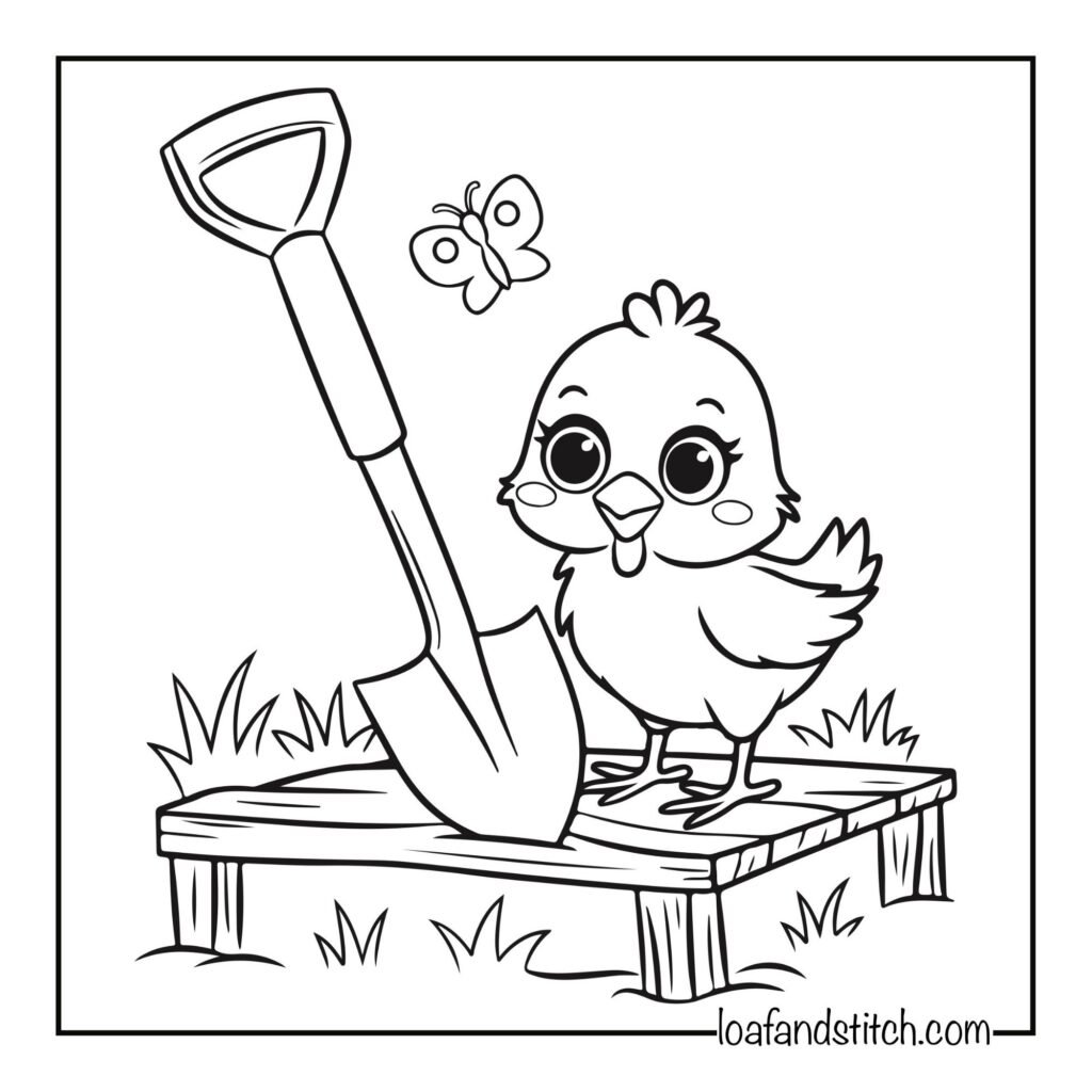 Free Easy Chick With Shovel Coloring Page Printable PDF for Kids and Adults
