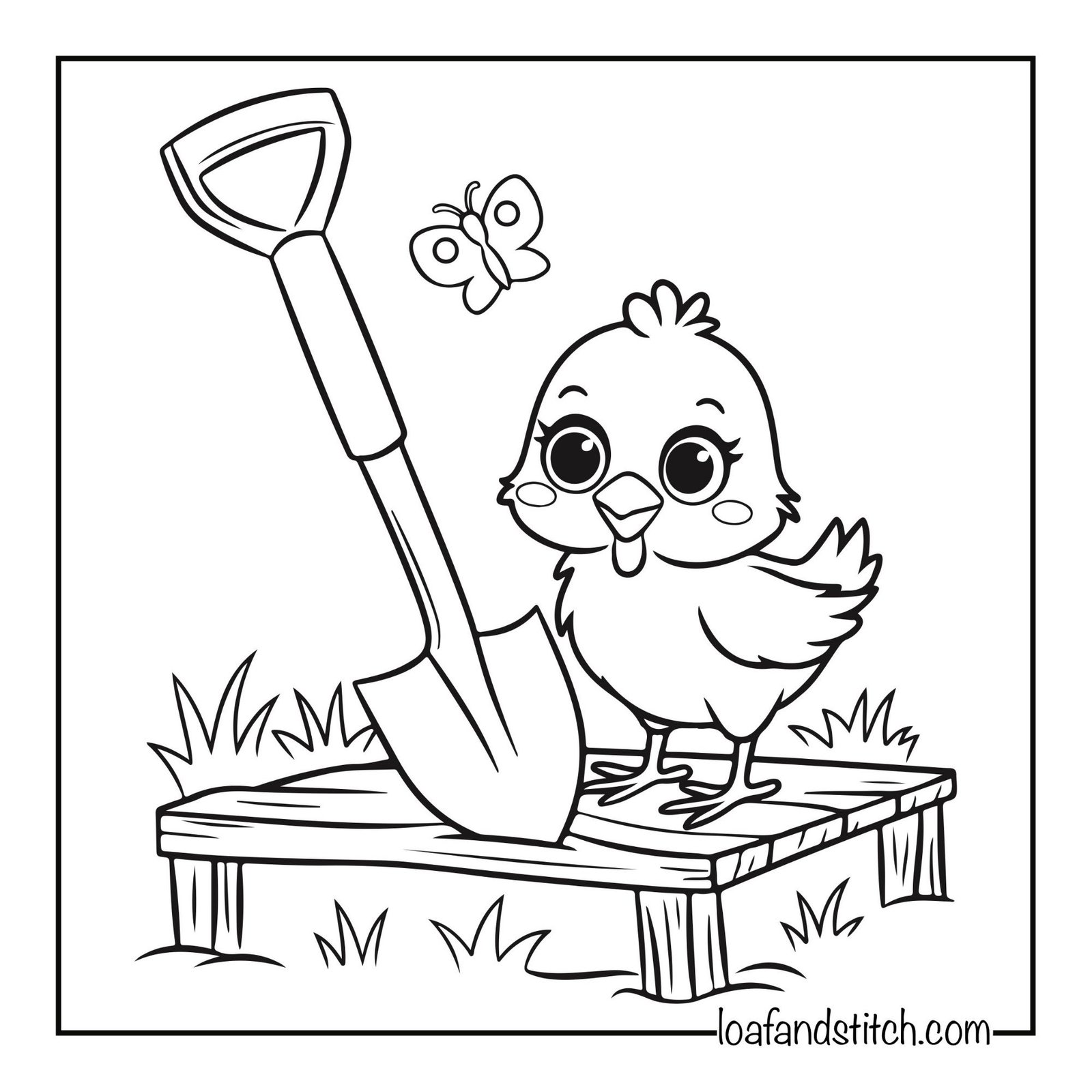 Free Easy Chick With Shovel Coloring Page Printable PDF for Kids and Adults