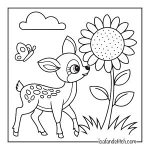 Cute deer and sunflower Coloring Page for Kids and Adults Free Printable PDF