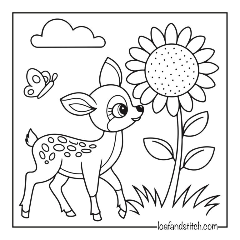 Cute deer and sunflower Coloring Page for Kids and Adults Free Printable PDF