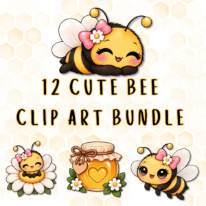 Collection of 12 cute kawaii bee clip art illustrations with pink bows, hearts, flowers, honey and bee-themed designs