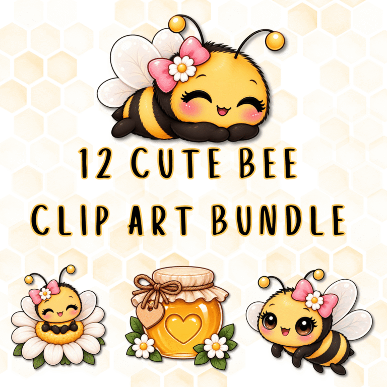 Collection of 12 cute kawaii bee clip art illustrations with pink bows, hearts, flowers, honey and bee-themed designs