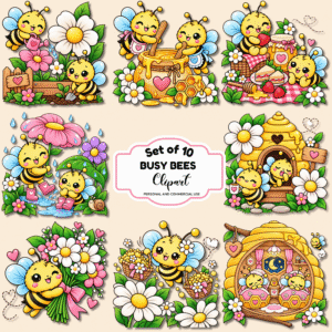 Download free Busy Bees colored clip art featuring adorable bees, flowers, honey, gardening, baking and cheerful everyday adventures. Perfect for printable crafts and creative projects.