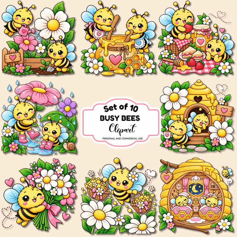 Download free Busy Bees colored clip art featuring adorable bees, flowers, honey, gardening, baking and cheerful everyday adventures. Perfect for printable crafts and creative projects.