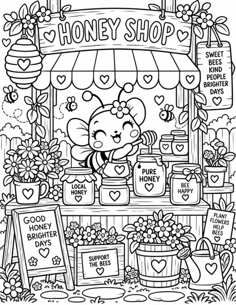 Free Bee Honey Shop Coloring Page