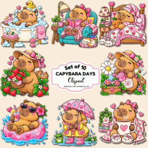 Free Capybara Days colored clip art featuring an adorable capybara enjoying strawberries, bubble baths, baking, picnics, rainy days and more. Perfect for cute printable crafts and creative projects.
