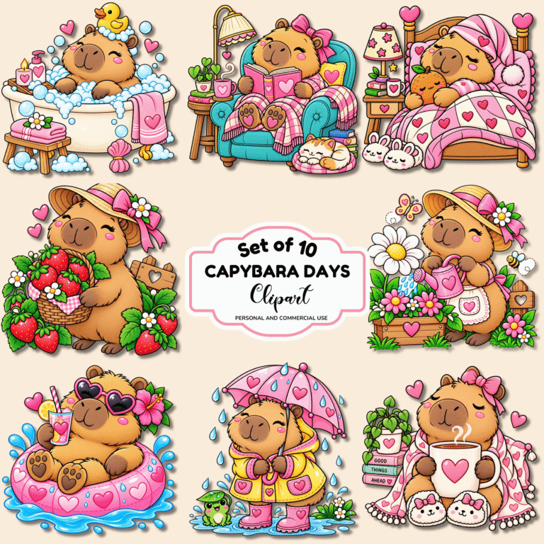 Free Capybara Days colored clip art featuring an adorable capybara enjoying strawberries, bubble baths, baking, picnics, rainy days and more. Perfect for cute printable crafts and creative projects.