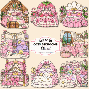 Download free Cozy Bedrooms clip art featuring adorable beds, blankets, pillows, books, mugs and cozy bedroom accessories for crafts, journals, printables and creative projects.
