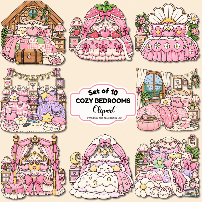 Download free Cozy Bedrooms clip art featuring adorable beds, blankets, pillows, books, mugs and cozy bedroom accessories for crafts, journals, printables and creative projects.
