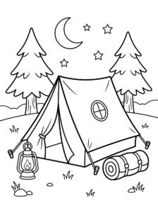 Free printable camping tent coloring page featuring a tent, lantern, rolled sleeping bag, pine trees, crescent moon and stars.