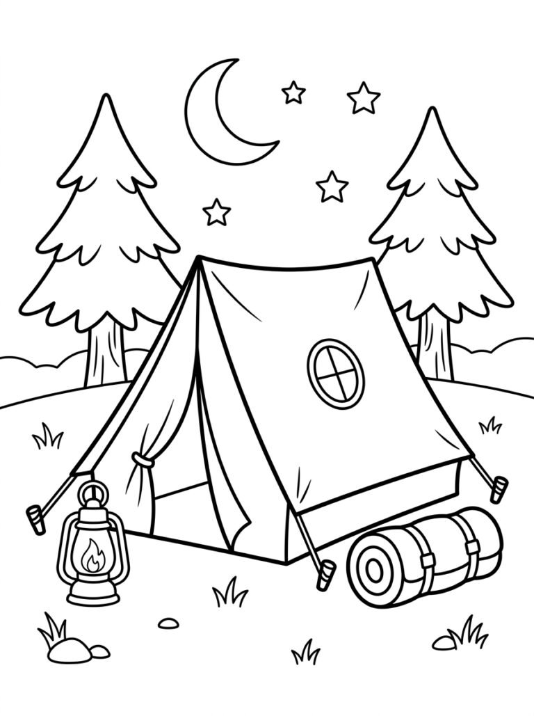 Free printable camping tent coloring page featuring a tent, lantern, rolled sleeping bag, pine trees, crescent moon and stars.