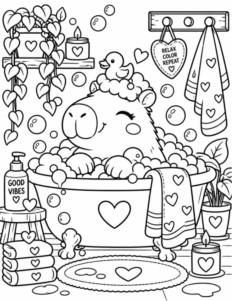 Free Capybara Bubble Bath Coloring Page