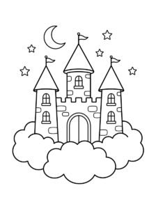 Free printable castle in the clouds coloring page featuring a three-tower fairytale castle, fluffy clouds, crescent moon and stars.