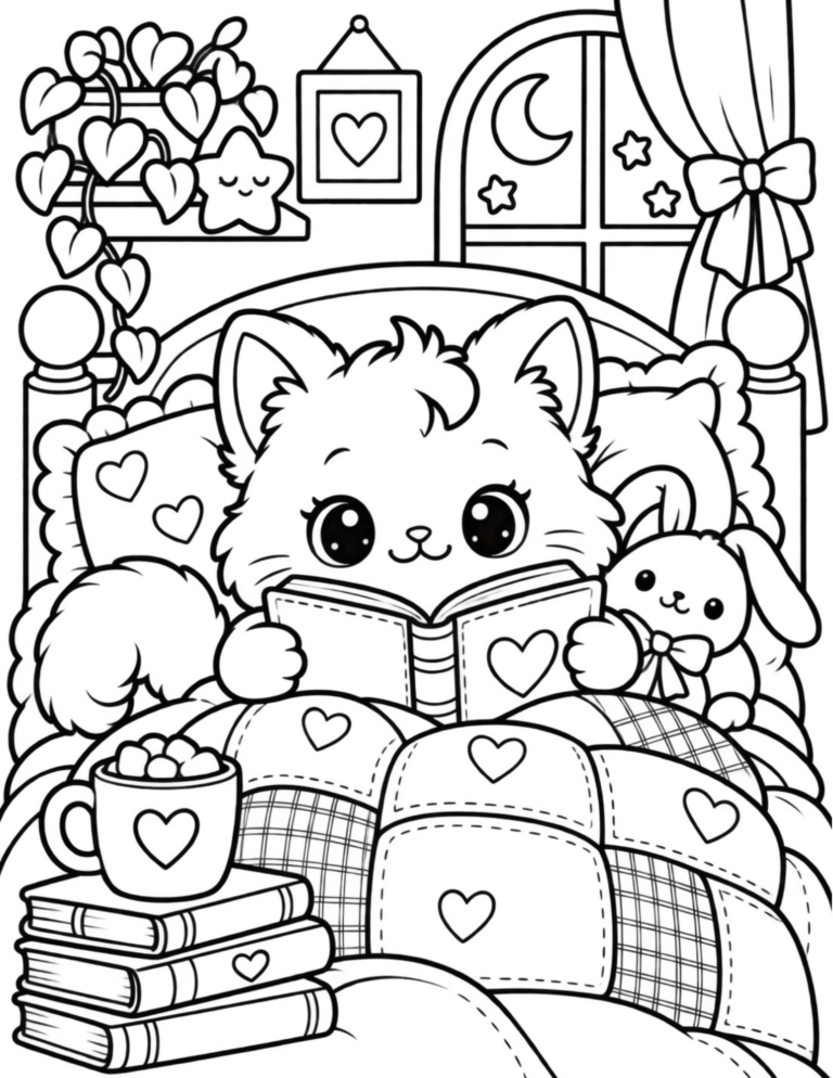 Free Cat Reading in Bed Coloring Page