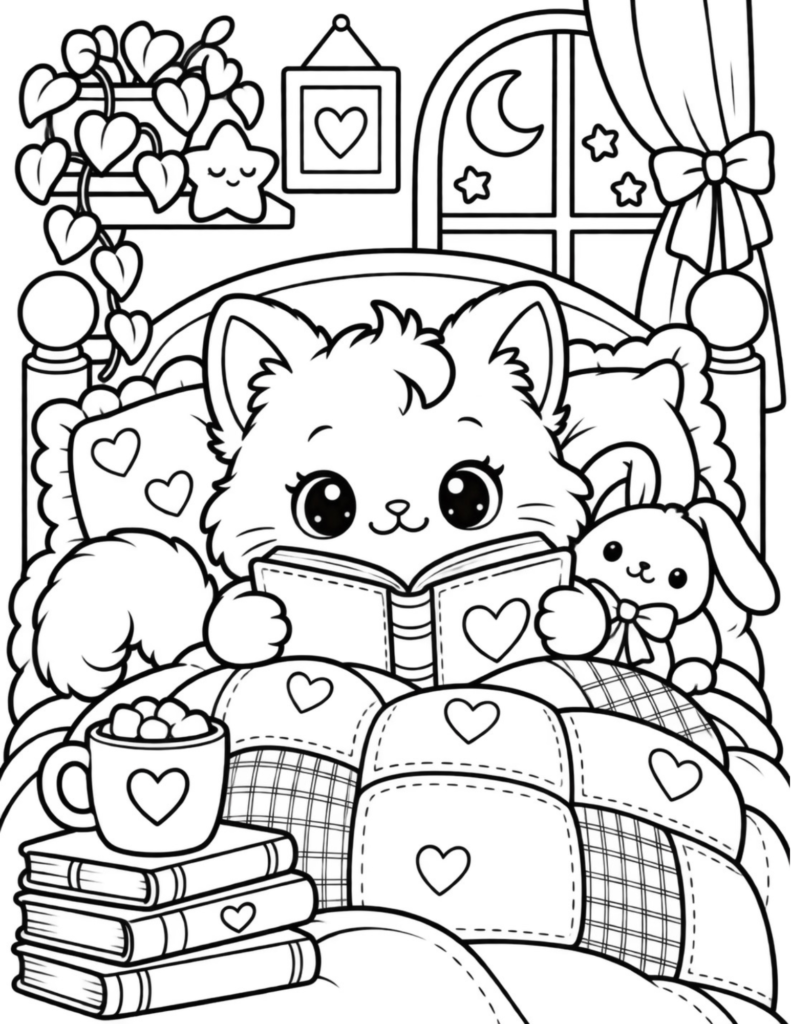 Free Cat Reading in Bed Coloring Page