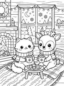 Free printable Christmas coloring page featuring a cute cat and reindeer drinking hot cocoa beside a fireplace with cookies, Christmas decorations and snow outside.
