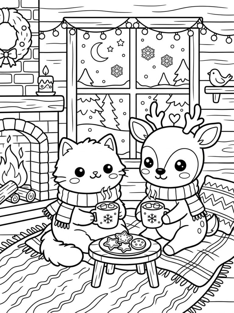 Free printable Christmas coloring page featuring a cute cat and reindeer drinking hot cocoa beside a fireplace with cookies, Christmas decorations and snow outside.