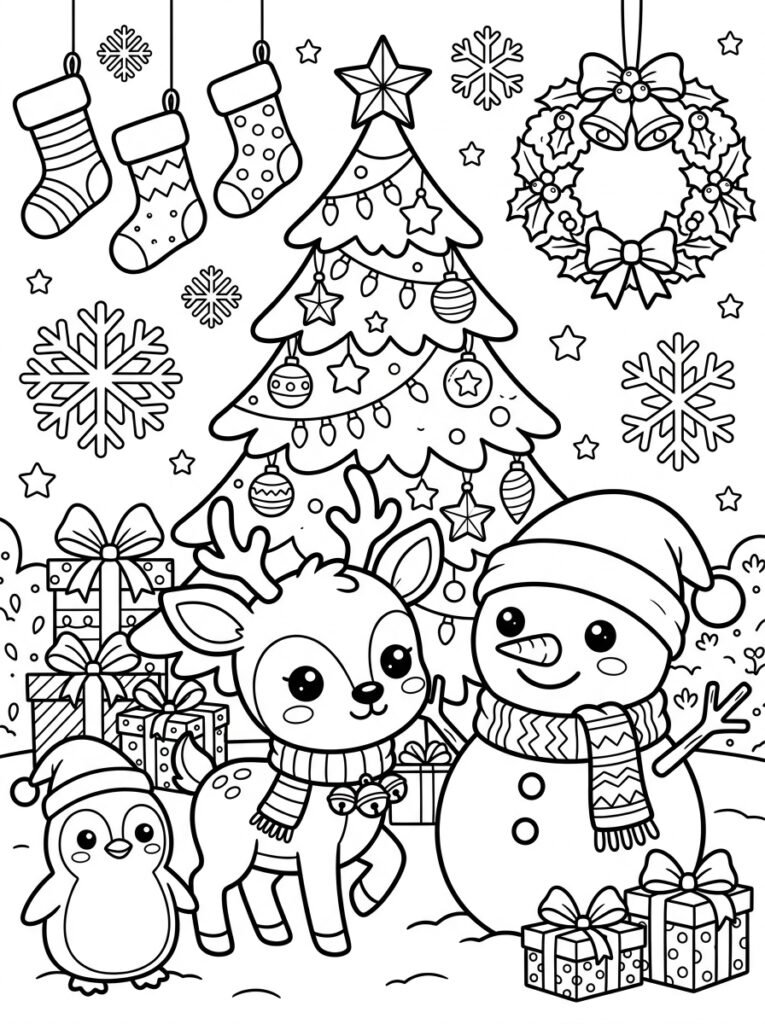 Free printable Christmas friends coloring page featuring a cute reindeer, snowman and penguin with a decorated Christmas tree, presents, stockings and snowflakes.