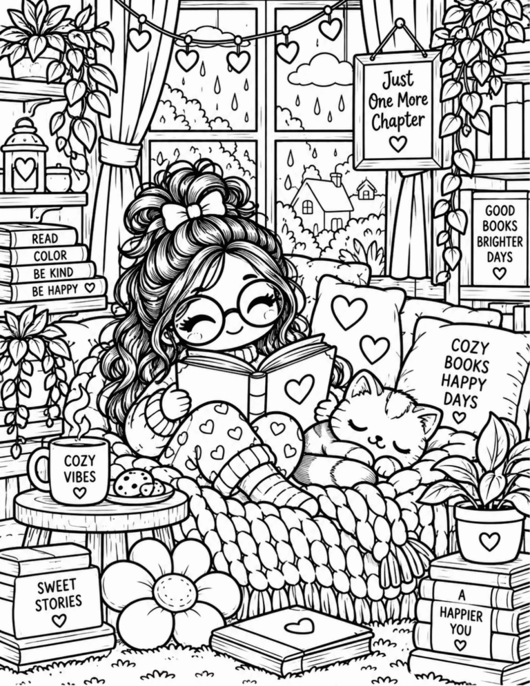 Free Cozy Reading Nook Coloring Page