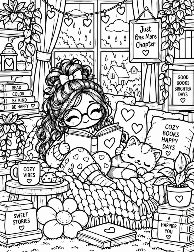 Free Cozy Reading Nook Coloring Page