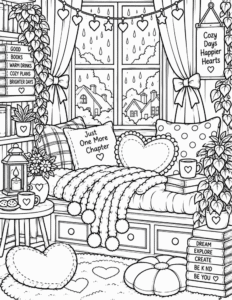 Download the free Cozy Window Seat coloring page below and print it on US Letter paper (8.5 × 11 inches).