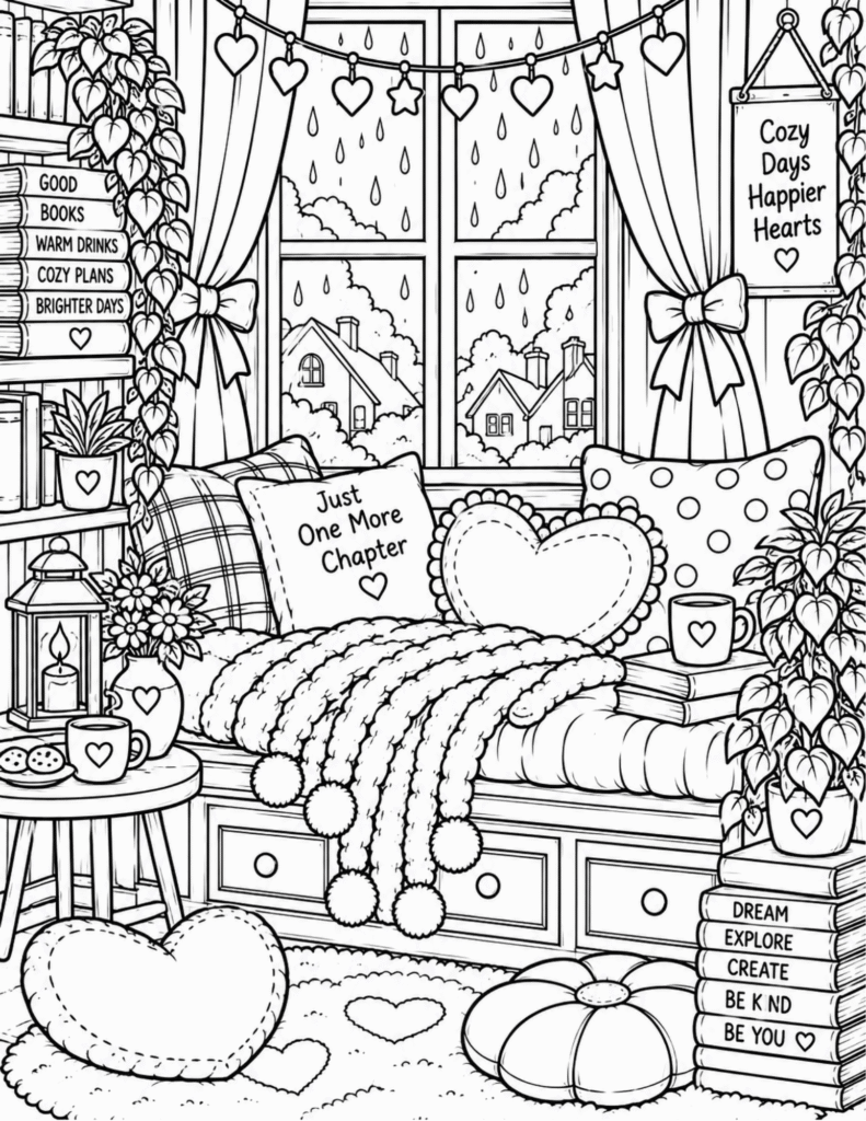 Download the free Cozy Window Seat coloring page below and print it on US Letter paper (8.5 × 11 inches).