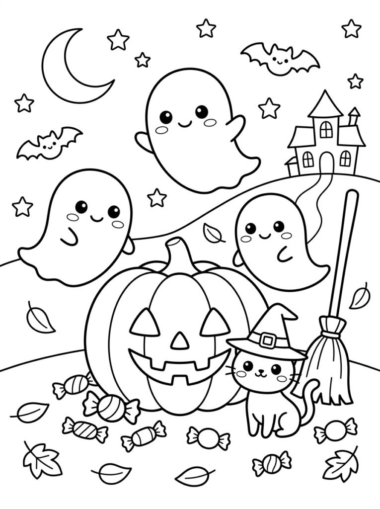 Free printable cute Halloween ghosts coloring page featuring three friendly ghosts, a jack-o’-lantern, witch cat, bats, candy and haunted house.