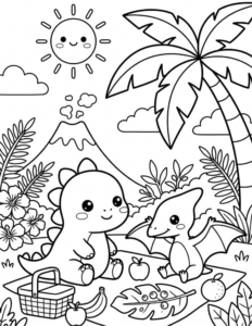 Free printable dinosaur picnic coloring page featuring two cute dinosaurs having a picnic with fruit, tropical plants, a palm tree and volcano.
