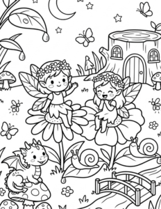 Free printable fairy garden coloring page featuring two flower fairies, a baby dragon, snails, butterflies, mushrooms and a tree-stump fairy house.