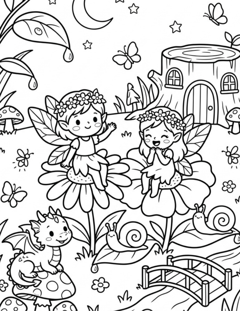 Free printable fairy garden coloring page featuring two flower fairies, a baby dragon, snails, butterflies, mushrooms and a tree-stump fairy house.
