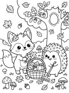 Free printable fox and hedgehog autumn coloring page featuring cute woodland animals collecting leaves, acorns and a pumpkin beneath an oak tree.