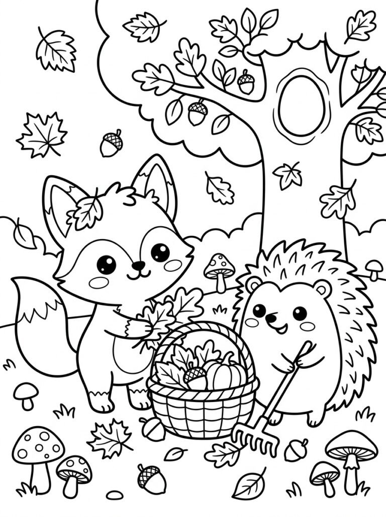 Free printable fox and hedgehog autumn coloring page featuring cute woodland animals collecting leaves, acorns and a pumpkin beneath an oak tree.
