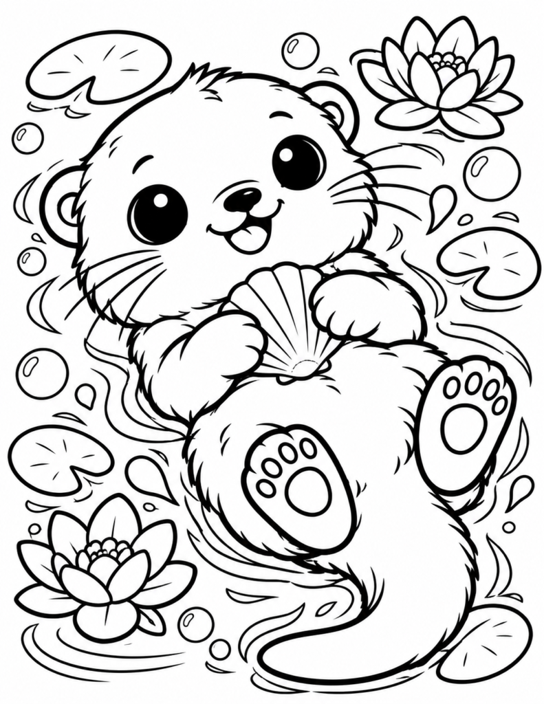 Cute otter floating on its back holding a seashell printable coloring page