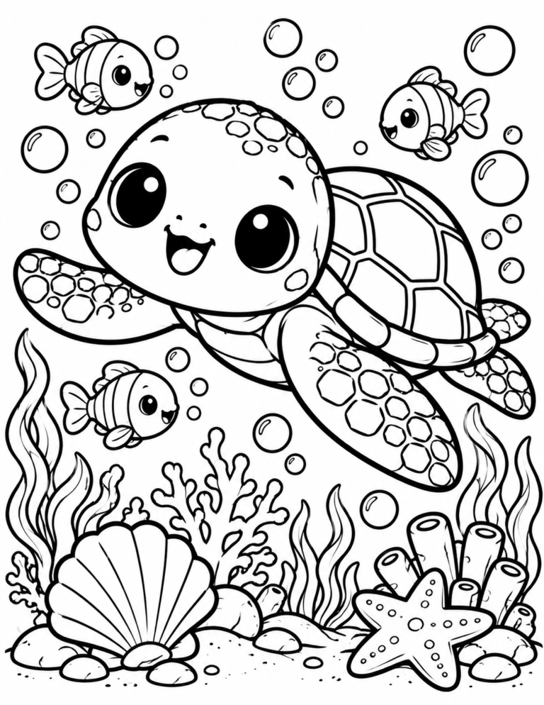 Cute sea turtle swimming with fish and coral free printable coloring page