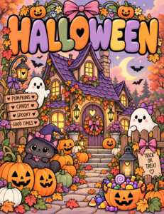 Download a free 20-page Halloween coloring book with cute ghosts, pumpkins, witches, candy and cozy spooky scenes. Bold & Easy US Letter printables.