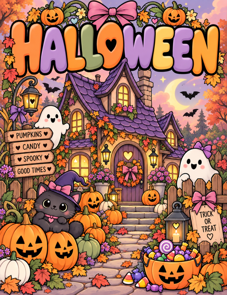 Download a free 20-page Halloween coloring book with cute ghosts, pumpkins, witches, candy and cozy spooky scenes. Bold & Easy US Letter printables.