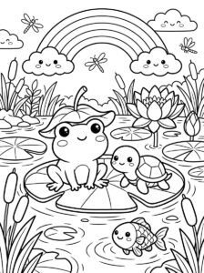 Free printable frog on a lily pad coloring page featuring a cute frog, turtle, fish, rainbow, water lily, dragonflies and pond plants.