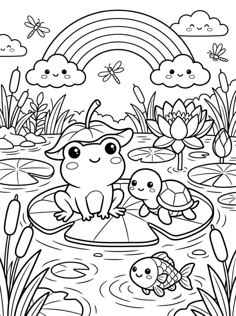 Free printable frog on a lily pad coloring page featuring a cute frog, turtle, fish, rainbow, water lily, dragonflies and pond plants.