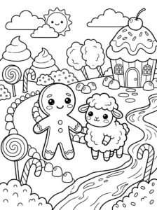 Free printable Candy Land coloring page featuring a gingerbread man and cute lamb surrounded by lollipops, candy canes, gumdrops and a cupcake house.