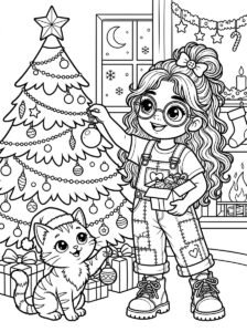 Free printable girl decorating a Christmas tree coloring page featuring a cute girl and cat with ornaments, presents, stockings and a cozy fireplace.