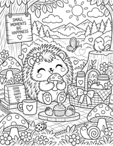 Free Hedgehog Mushroom Picnic Coloring Page