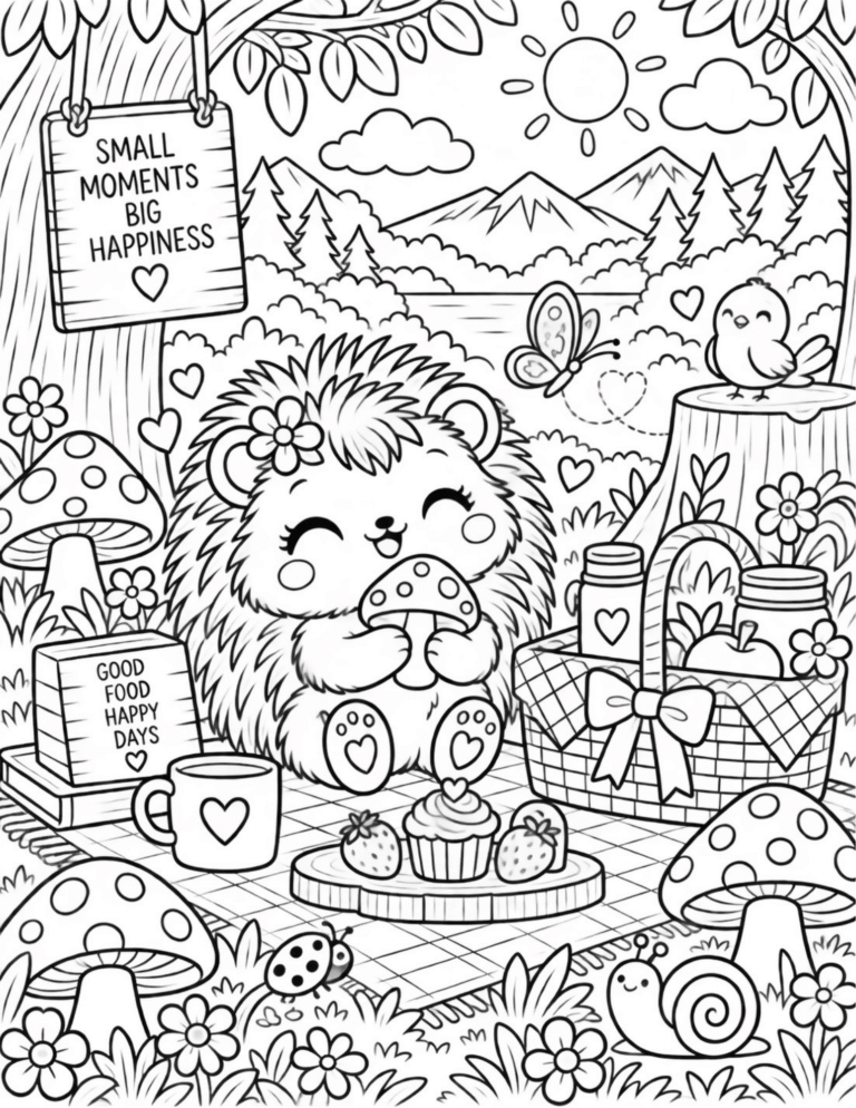 Free Hedgehog Mushroom Picnic Coloring Page