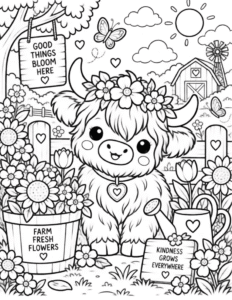 Free Highland Cow & Flowers Coloring Page