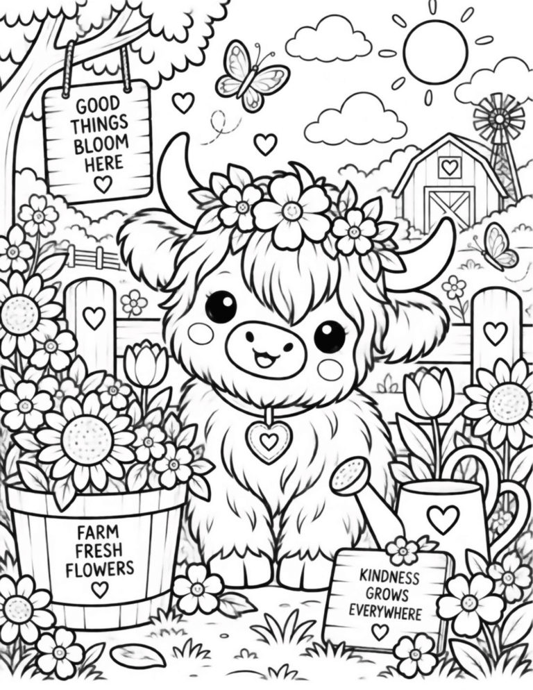 Free Highland Cow & Flowers Coloring Page