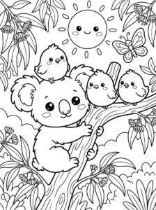 Free printable koala and birds coloring page featuring a cute koala climbing a eucalyptus tree with three birds, flowers, a butterfly and smiling sun.