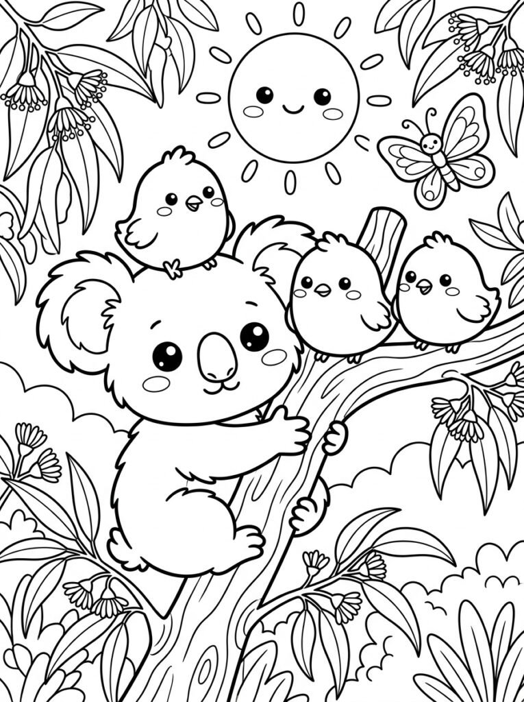 Free printable koala and birds coloring page featuring a cute koala climbing a eucalyptus tree with three birds, flowers, a butterfly and smiling sun.